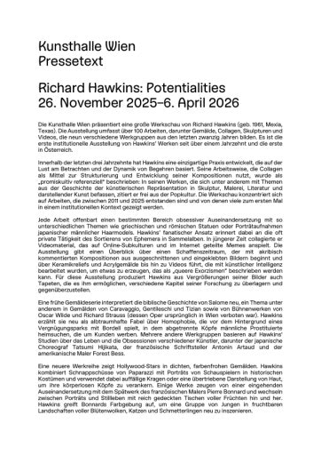Vorschau Bild von Pressetext Richard Hawkins: Potentialities