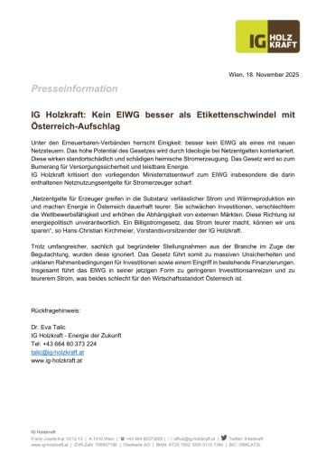  IG Holzkraft: Kein ElWG besser als Etikettenschwindel mit Österreich-Aufschlag