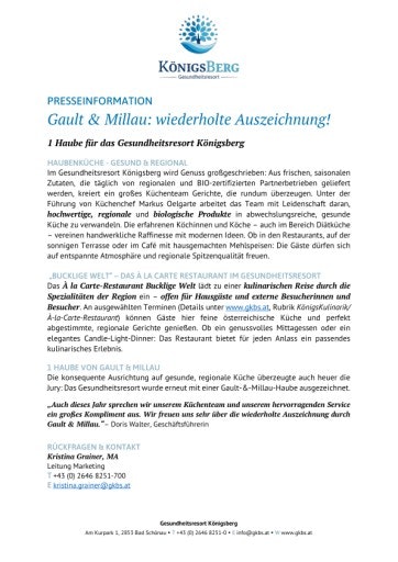Vorschau Bild von Pressetext - wiederholte Auszeichnung Gault & Millau