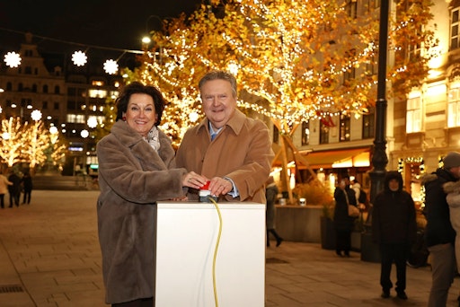 Margarete Kriz-Zwittkovits (Vizepräsidentin der Wirtschaftskammer
Wien) und Michael Ludwig (Bürgermeister der Stadt Wien) eröffnen
feierlich am Neuen Markt im 1. Wiener Gemeindesbezirk die heurige
Wiener Weihnachtsbeleuchtungssaison.
