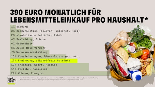 Vorschau Bild von In Österreich fließen durchschnittlich zwölf Prozent der gesamten
Haushaltsabgaben in Ernährung und alkoholfreie Getränke. Das ist
einer der niedrigsten Werte in Europa. © Land schafft Leben