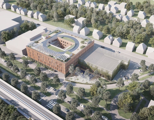  Visualisierung des neuen Schulcampus nach US-amerikanischem
Vorbild mit modernen Klassenzimmern, Sportanlagen und Theaterbühne.
Vorzeigeprojekt für nachhaltiges Bauen: Ziel ist die Zertifizierung
nach klimaaktiv Gold, Wärmepumpe, Photovoltaikanlage, Begrünung und
präzise Logistik bei laufendem Schulbetrieb.