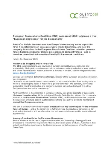 Vorschau Bild von engl. press release: European Biosolutions Coalition (EBC) sees AustroCel Hallein as a true “European showcase” for the bioeconomy