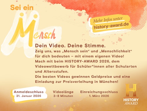 Der HISTORY Channel hat die Anmeldefrist für die 14. Ausgabe des
Videowettbewerbs HISTORY-AWARD (Schirmherrschaft: Marcel Reif und
Miss History) um einen Monat auf den 31. Januar 2026 verlängert.
Bereits jetzt haben sich zahlreiche Schülerinnen und Schüler aus dem
gesamten deutschsprachigen Raum für die Teilnahme entschieden. //
Weiterer Text über ots und www.presseportal.de/nr/55632 / Die
Verwendung dieses Bildes für redaktionelle Zwecke ist unter
Beachtung aller mitgeteilten Nutzungsbedingungen zulässig und dann
auch honorarfrei. Veröffentlichung ausschließlich mit
Bildrechte-Hinweis.