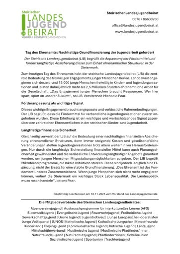  Der Steirische Landesjugendbeirat (LJB) begrüßt die Anpassung der Fördermittel und fordert langfristige Absicherung dieser zum Erhalt ehrenamtlicher Strukturen in der Steiermark.