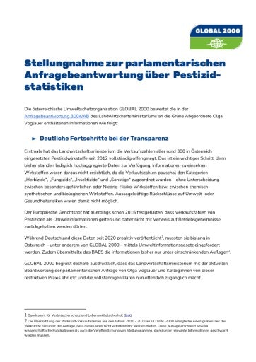  GLOBAL 2000 Stellungnahme zu Pestiziddaten.