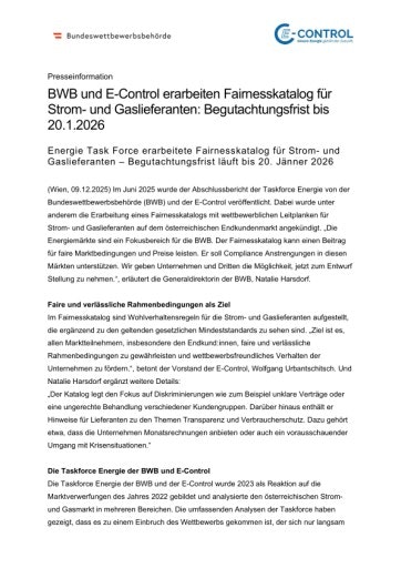  Pressemeldung vom 9. Dezember 2025 zur Konsultation des Fairnesskatalogs für Strom- und Gaslieferanten von BWB und E-Control.