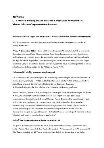 Vorschau Bild von OTS Pressemitteilung Brücke zwischen Campus und Wirtschaft: 42 Vienna lädt zum CorporatesMeetStudents