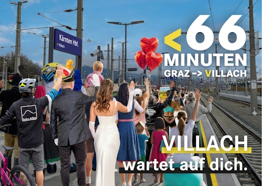 Seit dem 10. Oktober zählte Villach die Tage herunter. Mit der
groß angelegten Kampagne „In <66 Minuten“ wurden in den vergangenen
Wochen 66 gute Gründe präsentiert, warum die Reise von Graz in den
Süden genau hier enden sollte.