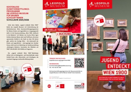 Vorschau Bild von PDF des Folders zu „Jugend entdeckt Wien 1900". Kostenlose Kunstvermittlungsprogramme für Schüler*innen aus Wien. Powered by AK WIEN.