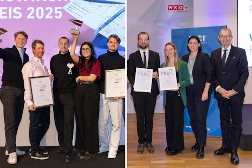 Die Gewinnerteams des Innovationspreises (l.) | Die
Gewinner:innen des WKT Forschungspreises (r.) ©Die Fotografen