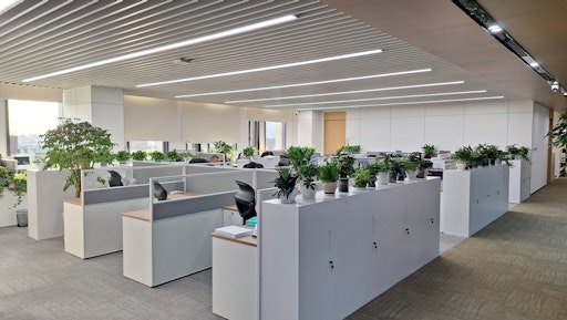 Vorschau Bild von Offener Büroarbeitsbereich des Sales Centers am AICHELIN-Standort
in China mit funktionalen Arbeitsplätzen und Pflanzen.