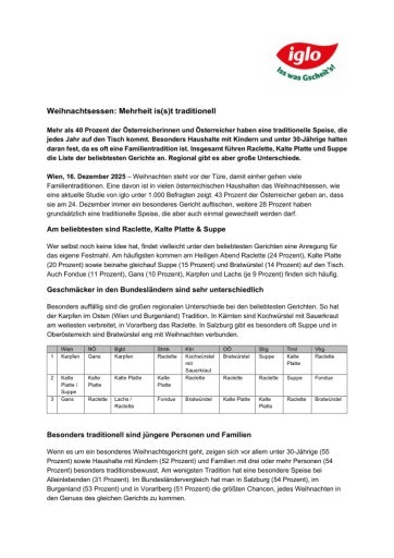  Mehr als 40 Prozent der Österreicherinnen und Österreicher haben eine traditionelle Speise, die jedes Jahr auf den Tisch kommt. Besonders Haushalte mit Kindern und unter 30-Jährige halten daran fest, da es oft eine Familientradition ist. Insgesamt führen Raclette, Kalte Platte und Suppe die Liste der beliebtesten Gerichte an. Regional gibt es aber große Unterschiede.