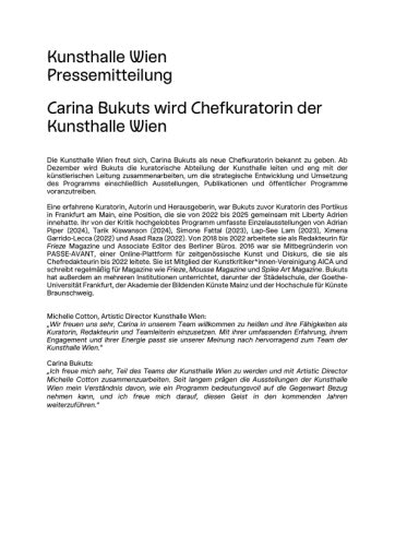 Vorschau Bild von Pressemitteilung: Carina Bukuts wird Chefkuratorin der Kunsthalle Wien