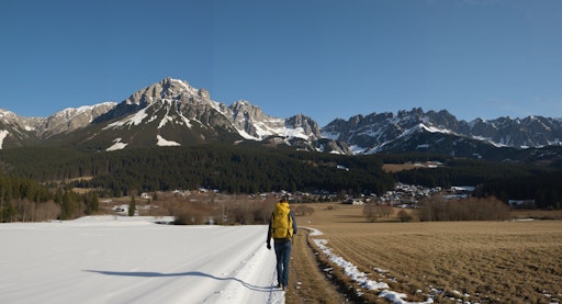 Wanderer zwischen verschneiter Landschaft und schneefreiem
Winterterrain.