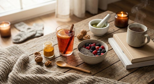 Stillleben mit Superfoods wie Beeren, Chiasamen und Kurkuma,
kombiniert mit Tee und Kaffee in gemütlicher Atmosphäre.