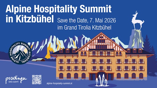 Am 7. Mai 2026 versammeln sich rund 300 führende
Entscheidungsträger aus der alpinen Hotelimmobilien-,
Ferienhotellerie- und Investmentwelt beim Alpine Hospitality Summit
im Grand Tirolia Kitzbühel.