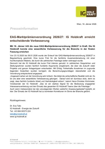  EAG-Marktprämienverordnung 2026/27: IG Holzkraft erreicht entscheidende Verbesserung