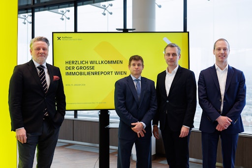  Pressegespräch zum Wiener Immobilienmarkt mit Peter Weinberger,
Geschäftsführer von Raiffeisen Immobilien in NÖ/Wien/Burgenland,
Gunter Deuber, Chefanalyst von Raiffeisen Research, Martin Hauer,
Vorstandsdirektor der Raiffeisenlandesbank NÖ-Wien und Matthias
Reith, Senior-Ökonom für den österreichischen Wohnimmobilienmarkt
bei Raiffeisen Research.
