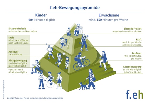  Die f.eh-Bewegungspyramide vermittelt auf einfache Art die
Österreichischen Bewegungsempfehlungen des Fonds Gesundes Österreich
(FGÖ): Die Basis für ein gesundheitsförderliches Bewegungsverhalten
bildet der Alltag mit vielen Bewegungsmöglichkeiten „to go“. Darüber
und intensiver als Alltagsbewegung ist Ausdauertraining, das die
Herzfrequenz steigert und ins Schwitzen bringt. Muskelkräftigende
Aktivitäten verbessern die Belastbarkeit von Knochen, Sehnen und
Gelenken. Alltags- und Sportverletzungen werden so vorgebeugt. An
der Spitze findet sich der Müßiggang, der wenig Zeit beanspruchen
sollte.