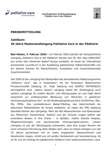 Vorschau Bild von Pressemitteilung 20 Jahre Masterstudiengang Palliative Care in der Pädiatrie.