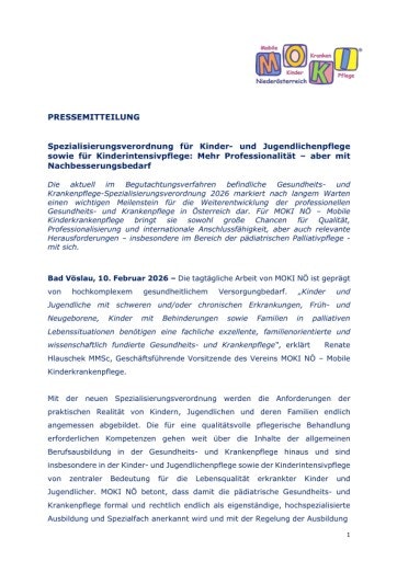 Vorschau Bild von Pressemitteilung Spezialisierungsverordnung Kinder- und Jugendlichenpflege sowie Kinderintensivpflege 10.02.2025