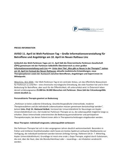 Vorschau Bild von Pressetext AVISO Welt-Parkinson-Tag 2026-ÖPG