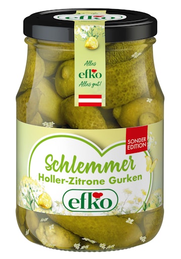 Die efko Schlemmer Gurken Holler-Zitrone im 370-ml-Glas sind ab
sofort im gut sortierten Lebensmittelhandel erhältlich.
