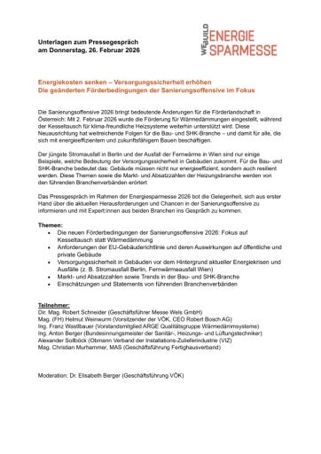 Vorschau Bild von Presseunterlagen zum Pressegespräch der Energiesparmesse am 26. Februar 2026 in der Messe Wels. Am Podium: Dir. Mag. Robert Schneider, Mag. Christian Murhammer, MAS, Ing. Franz Wastlbauer, Dr. Elisabeth Berger, Ing. Anton Berger, Alexander Sollböck, Mag.(FH) Helmut Weinwurm