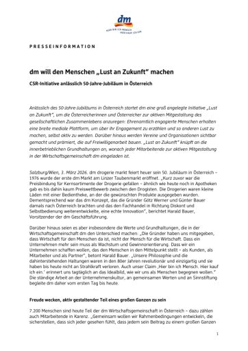 Vorschau Bild von Presseunterlage rund um die CSR-Initiative "Lust an Zukunft" anlässlich des 50-Jahre-Jubiläums von dm drogerie markt