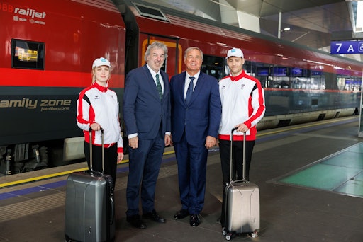 Vorschau Bild von Walter Ruck, Präsident der Wirtschaftskammer Wien (2.v.r.) und
Werner Schnabl, Leiter der Tourismusschulen MODUL (2.v.l.),
verabschieden das MODUL-Schülerteam am Wiener Hauptbahnhof.