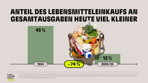 Vorschau Bild von Heutzutage ist der Ausgabenanteil für Lebensmitteleinkäufe um
fast drei Viertel kleiner als noch vor 70 Jahren.