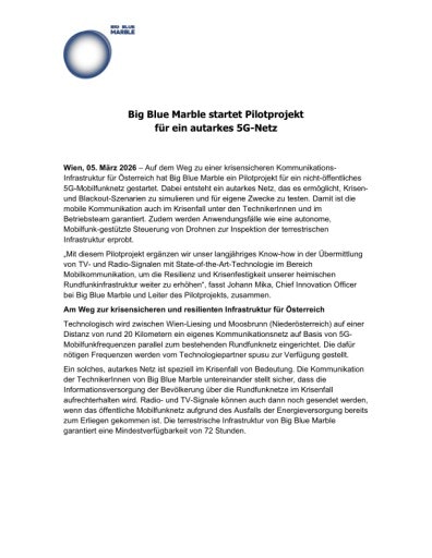 Vorschau Bild von Pressemitteilung: Big Blue Marble startet Pilotprojekt für ein autarkes 5G-Netz