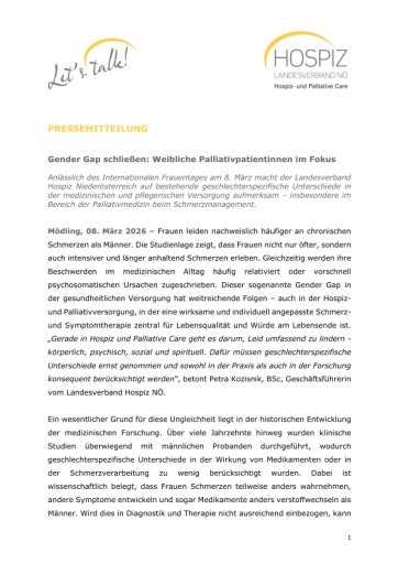 Vorschau Bild von Pressemitteilung LV Hospiz NÖ zum Internationalen Frauentag 2026: Gender Gap schließen: Weibliche Palliativpatientinnen im Fokus