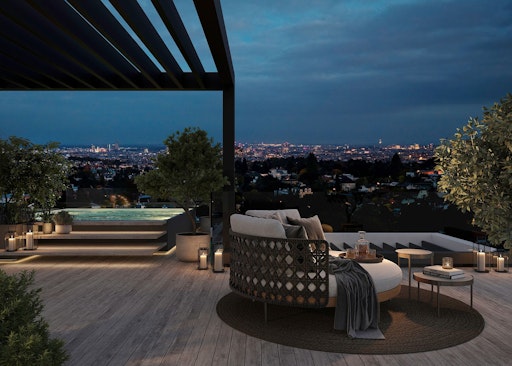 Vorschau Bild von Weitläufige Dachterrassen eröffnen spektakuläre Ausblicke über
die Skyline Wiens und schaffen ein außergewöhnliches Wohnerlebnis.