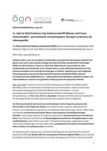 Vorschau Bild von Presse-Info kurz / apa ots Welt-Parkinson-Tag: Männer und Frauen unterschiedlich, große Infoveranstaltung