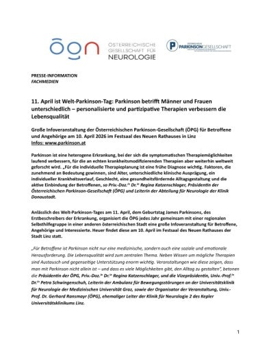Vorschau Bild von Presse-Information Fachmedien, 11. April Welt-Parkinson-Tag, ÖPG