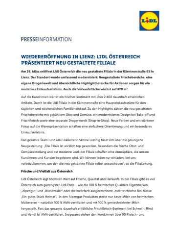 Vorschau Bild von Pressemitteilung: Wiedereröffnung Lidl Filiale Lienz