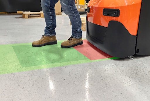 Vorschau Bild von Drei klar definierte Sicherheitszonen – Rot (Stopp), Dunkelgrün
(reduzierte Geschwindigkeit) und Hellgrün (angepasste
Beschleunigung) – minimieren das Risiko von Fußverletzungen.