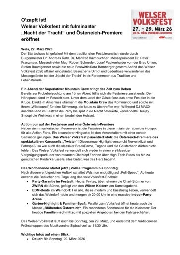 Vorschau Bild von Presseaussendung zur Eröffnung des Welser Volksfest im Frühjahr 2026