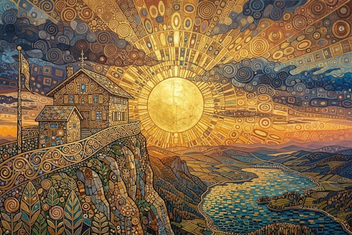 Bild zeigt die Schafbergspitze im Salzkammergut mit Blick auf den
Mondsee KI generiert im Stil angelehnt an Gustav Klimt. Hauptsujet
der neuen Salzkammergut Kampagne "Was ist DEIN Geheimnis?"