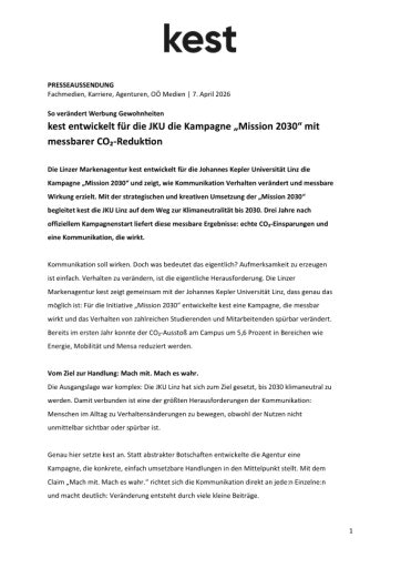Vorschau Bild von So verändert Werbung Gewohnheiten: kest entwickelt für die JKU die Kampagne „Mission 2030“ mit messbarer CO₂-Reduktion