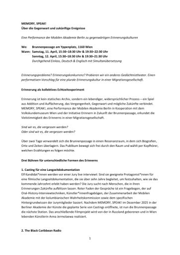 Vorschau Bild von Pressetext Memory, Speak! am 11. und 12.4.2026 in der Brunnenpassage