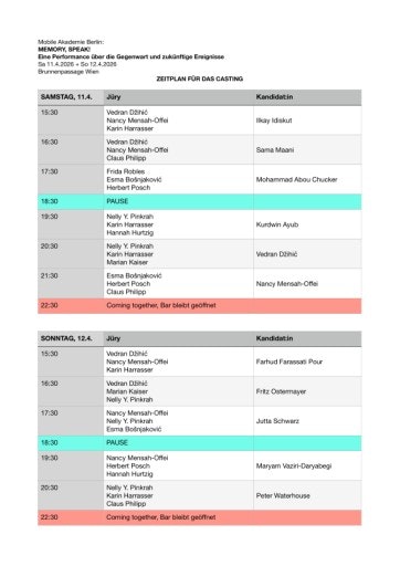 Vorschau Bild von Zeitplan und Liste der Kandidat:innen und Jury-Mitglieder für die Performance „MEMORY, SPEAK!“ – Über die Gegenwart und zukünftige Ereignisse