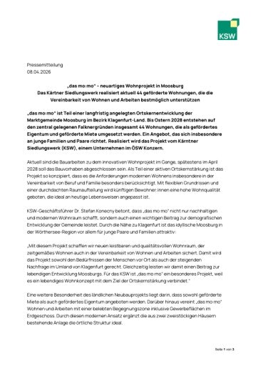 Vorschau Bild von Pressemittelung zum Baubeginn von "das mo:mo", das vom KSW im Rahmen der Ortskernerweiterung in Moosborg realisiert wird.