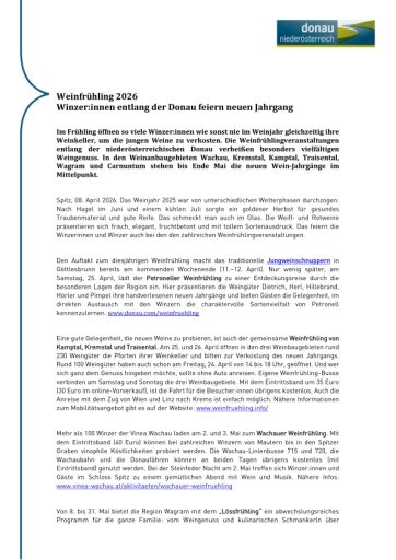 Vorschau Bild von Pressemitteilung: Weinfrühling entlang der Donau