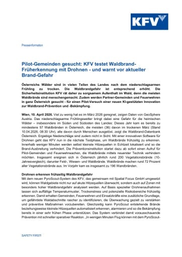 Vorschau Bild von Das KFV sucht Pilot-Gemeinden zum Test einer neuen Software für Drohnen, mithilfe derer Waldbrände verhindert und effizienter detektiert werden können. Zudem warnt die Präventionsinstitution vor der aktuellen Waldbrandgefahr.