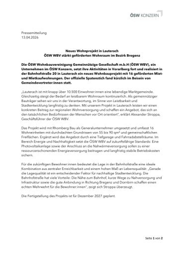 Vorschau Bild von Pressemitteilung: ÖSW WBV Wohnprojekt in Lauterach