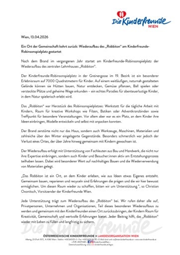 Vorschau Bild von Nach einem Brand im vergangenen Jahr wird das zentrale Lehmhaus „Robbiton“ am Kinderfreunde-Robinsonspielplatz in Wien-Döbling wieder aufgebaut. Für den Wiederaufbau wird um Unterstützung gebeten