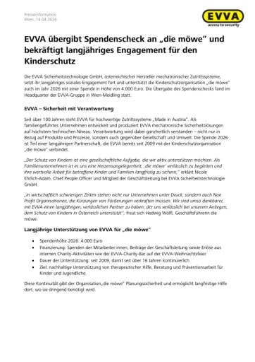 Vorschau Bild von Presseinformation: EVVA übergibt Spendenscheck an „die möwe“ und bekräftigt langjähriges Engagement für den Kinderschutz